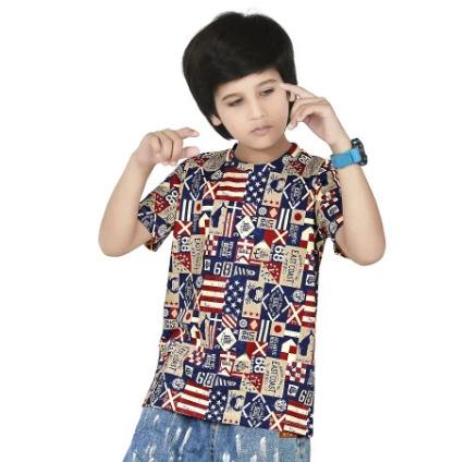 Red Blue Digital Printed Cotton Blend Boys T Shirt