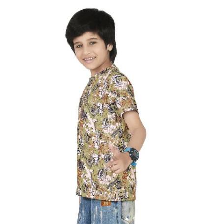 Olive Green Digital Printed Cotton Blend Boys T Shirt