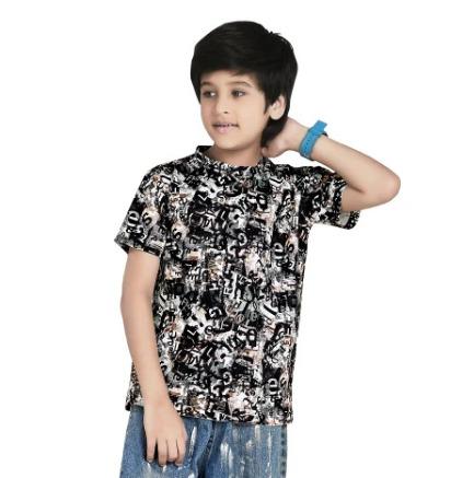 Black Digital Printed Cotton Blend Boys T Shirt