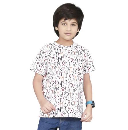 White Printed Cotton Blend Boys T Shirt