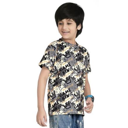 Grey Black Printed Cotton Blend Boys T Shirt