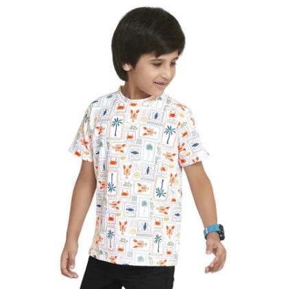 White Orange Digital Printed Cotton Blend Boys T Shirt