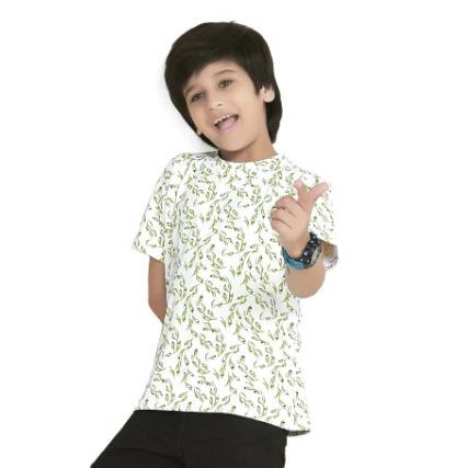 White Olive Green Digital Printed Cotton Blend Boys T Shirt