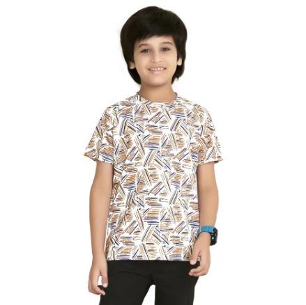 Ivory White Digital Printed Cotton Blend Boys T Shirt