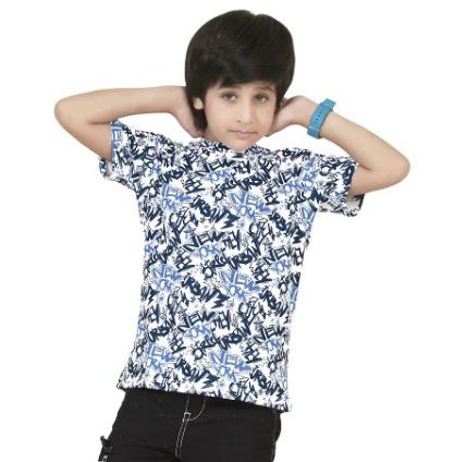 White Blue Digital Printed Cotton Blend Boys T Shirt