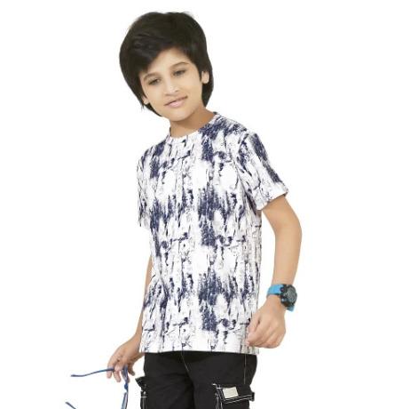 White Navy Blue Digital Printed Cotton Blend Boys T Shirt
