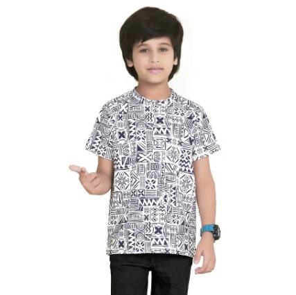White Black Printed Cotton Blend Boys T Shirt
