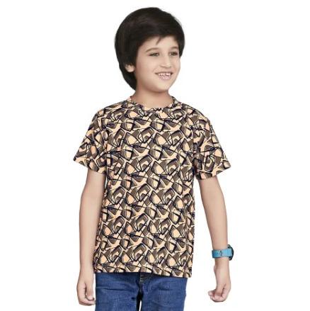 Beige Digital Printed Cotton Blend Boys T Shirt