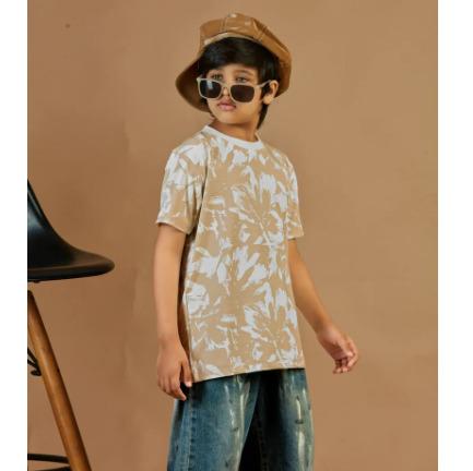 Beige And White Cotton Blend Fancy Digital Printed T shirt