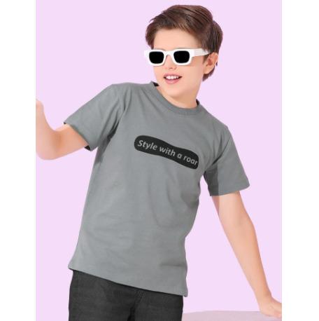 Grey Cotton Blend Printed Round Neck Short Sleeve T shirt