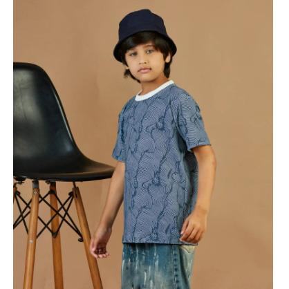 Light Grey And Blue Cotton Blend Printed Round Neck Half Sleeve T shirt