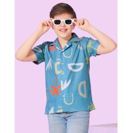 Sky Blue Cotton Multicolor Graphic Print Casual Shirt