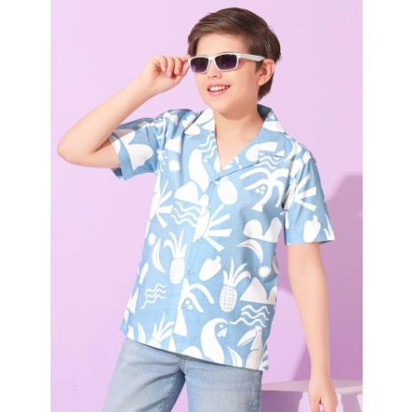 Blue Color Cotton Hawaiian Print Casual Shirt