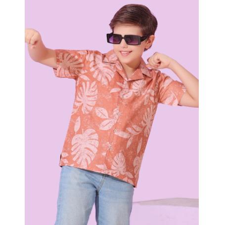 Orange Color Cotton Leaf Print Casual Shirt