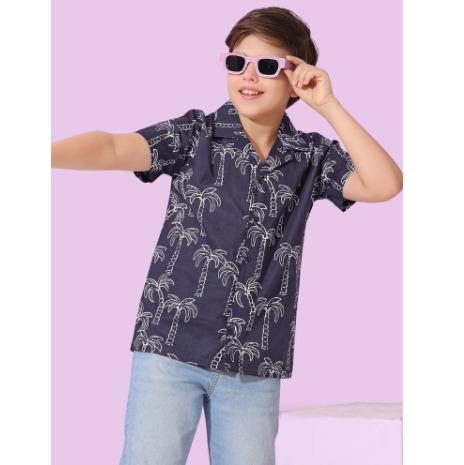 Navy Blue Color Cotton Plam Tree Print Casual Shirt