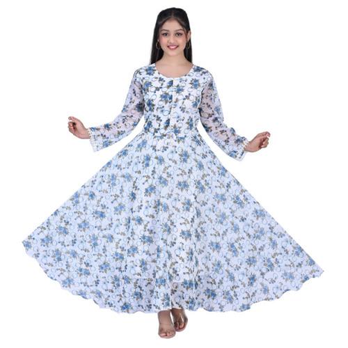 White Blue Floral Printed Long Dress