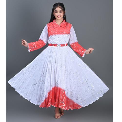 White-Red Ombre Party Wear Frock for Girls