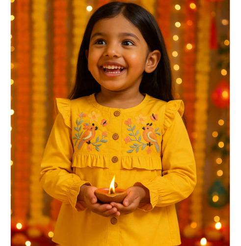 Girls Bamboo Lemon Yellow Embroidered Top