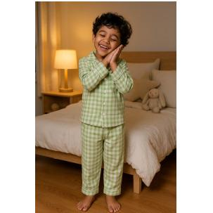 Kids Bamboo Green Checked Night Suit (Full Pants)
