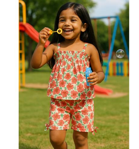 Girls Bamboo Hibiscus Print Co-ord Set