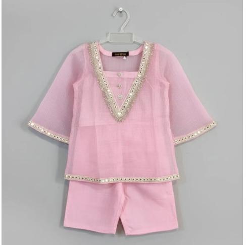 Pink Cotton Kota Doria Kurti Pant Set For Kids Girl