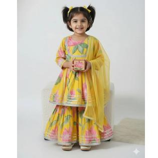 Yellow Cotton Floral Sharara Set For Kids Girl