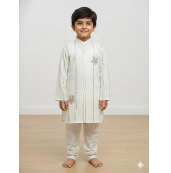 Off White Cotton Lurex Kurta Pajama For Kids Boy