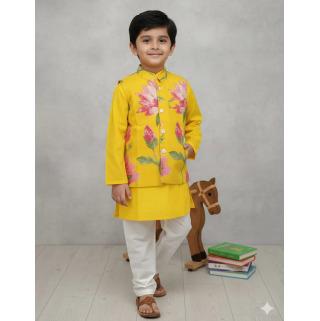 Yellow Cotton Floral Kurta Pajama Jacket Set For Kids Boy