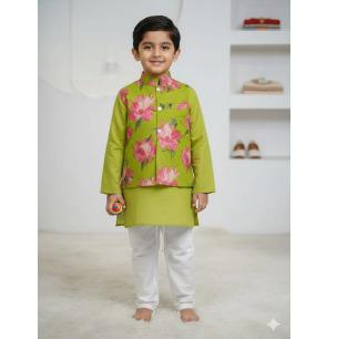 Mint Green Cotton Floral Kurta Pajama Jacket Set For Kids