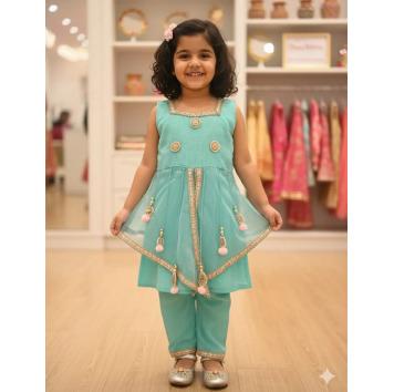 Angoori Green Cotton Zig Zag Kota Doria Set For Kids