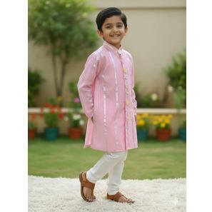 Light Pink Cotton Lurex Kurta Pajama For Kids Boy