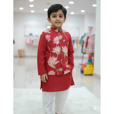 Red Cotton Floral Kurta Pajama Jacket Set For Kids Boy