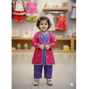 Rani And Beige Cotton Kothi Set For Kids Girl