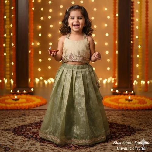 Green Cotton Tissue Doria Lahenga Set For Kids Girl
