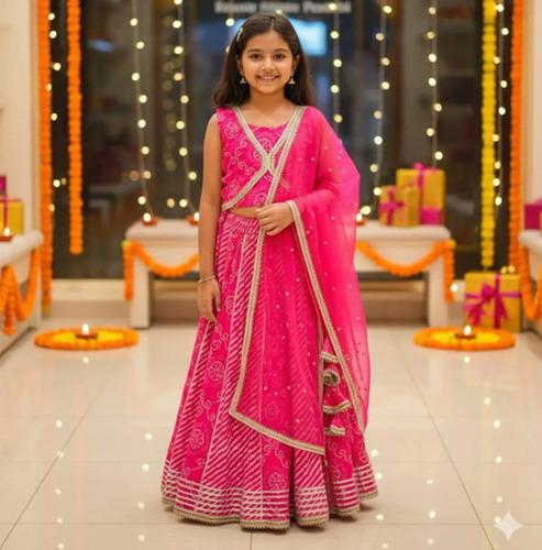 Hot Pink Cotton Lehariya Jari Lahenga Set For Kids Girl