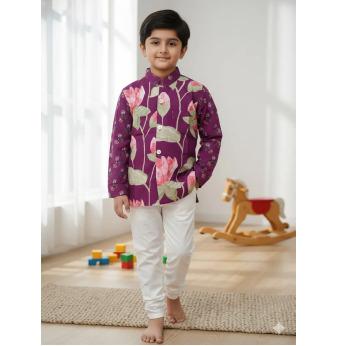 Beige Cotton Floral Kurta Pajama Jacket Set For Kids Boy