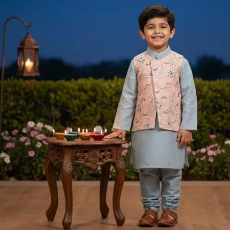 Gray Cotton Doria Attach Embroidery Jacket Set For Kids Boy