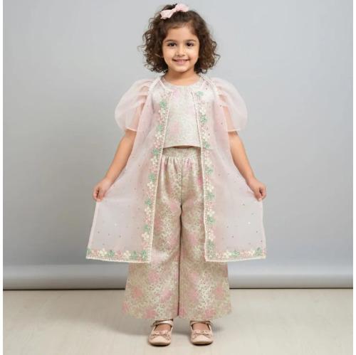 Pista Green Cotton Brocade Kurti Pant For Kids Girl