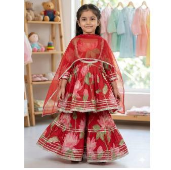 Red Cotton Floral Sharara Set For Kids Girl