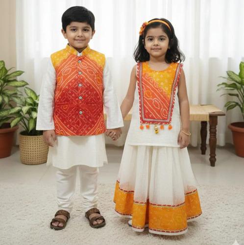 Off White Cotton Bandhani Kota Doria Set For Kids Girl