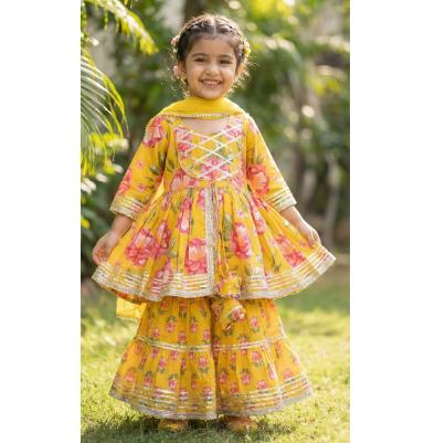 Yellow Cotton Floral Jari Sharara Set For Kids Girl