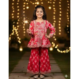 Cherry Red Cotton Embroidery Floral Sharara Set For Kids Girl