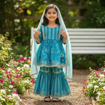Ferozi Cotton Printed Jari Sharara Set For Kids Girl
