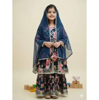 Dark Blue Cotton Floral Jari Sharara Set For Kids Girl