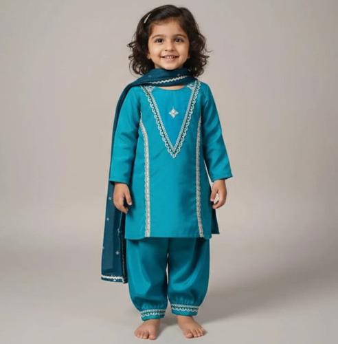 Teal Blue Cotton Afgani Pant Set For Kids Girl