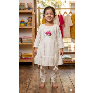 Off White Cotton Lurex Kurti Pant Set For Kids Girl