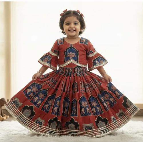 Maroon Cotton Blueprint Lehenga Set For Kids Girl