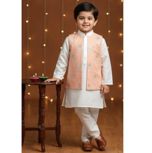 Off White Cotton Kurta With Embroidery Work Attached Jacket Set