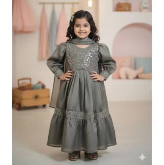 Grey Cotton Sequence Lahenga Set For Kids Girl
