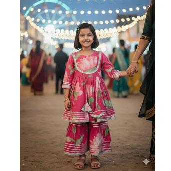 Pink Cotton Floral Frock Sharara Set For Kids Girl